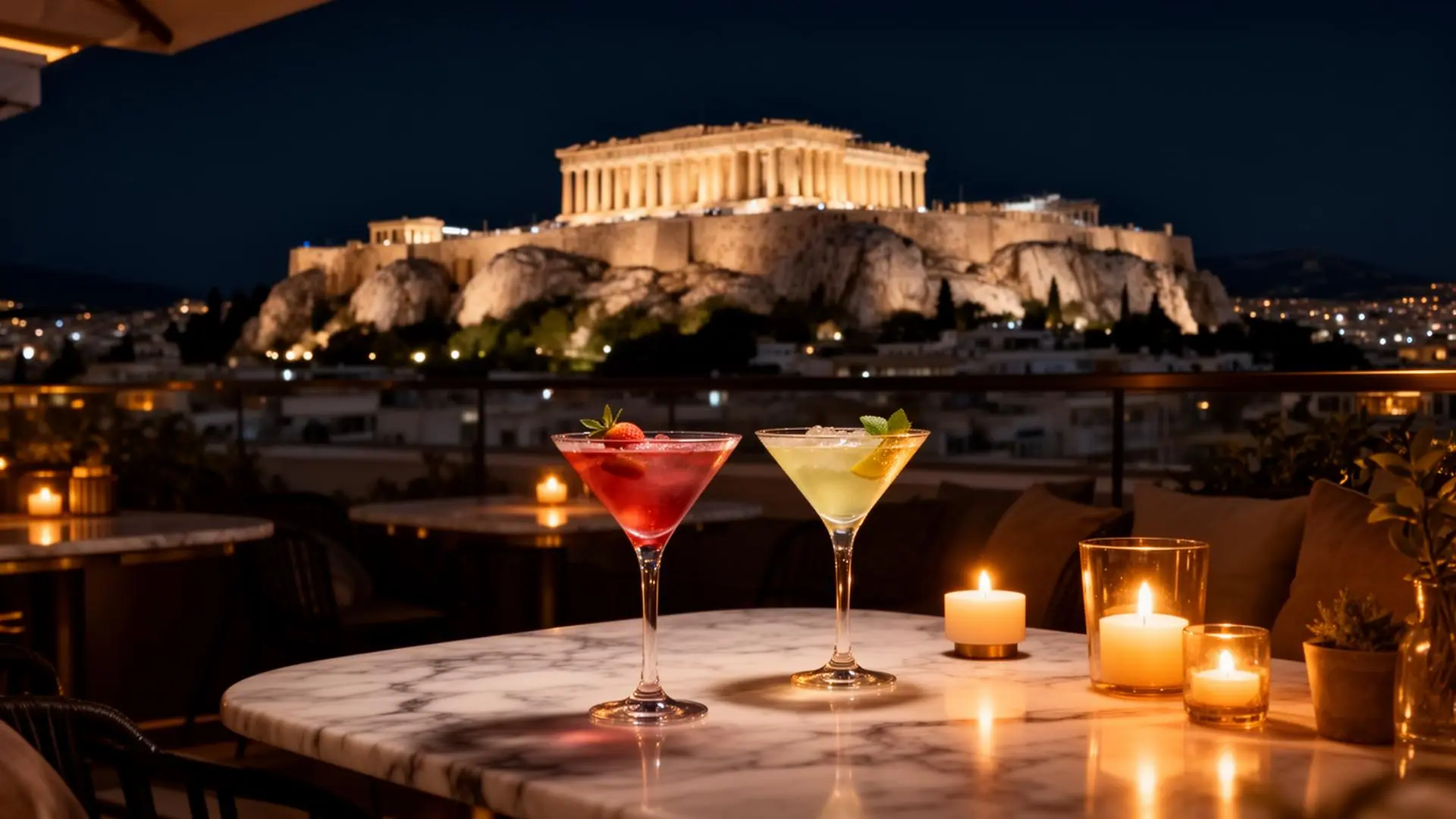 Rooftop bar in Athens with Acropolis view at night, private nightlife experience