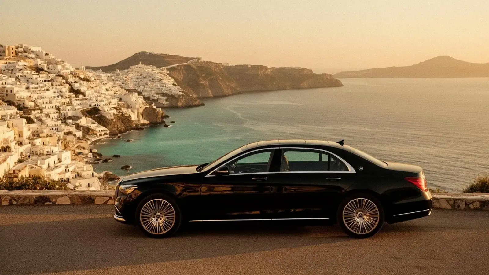 Premium luxury sedan overlooking Greek coastline at golden hour