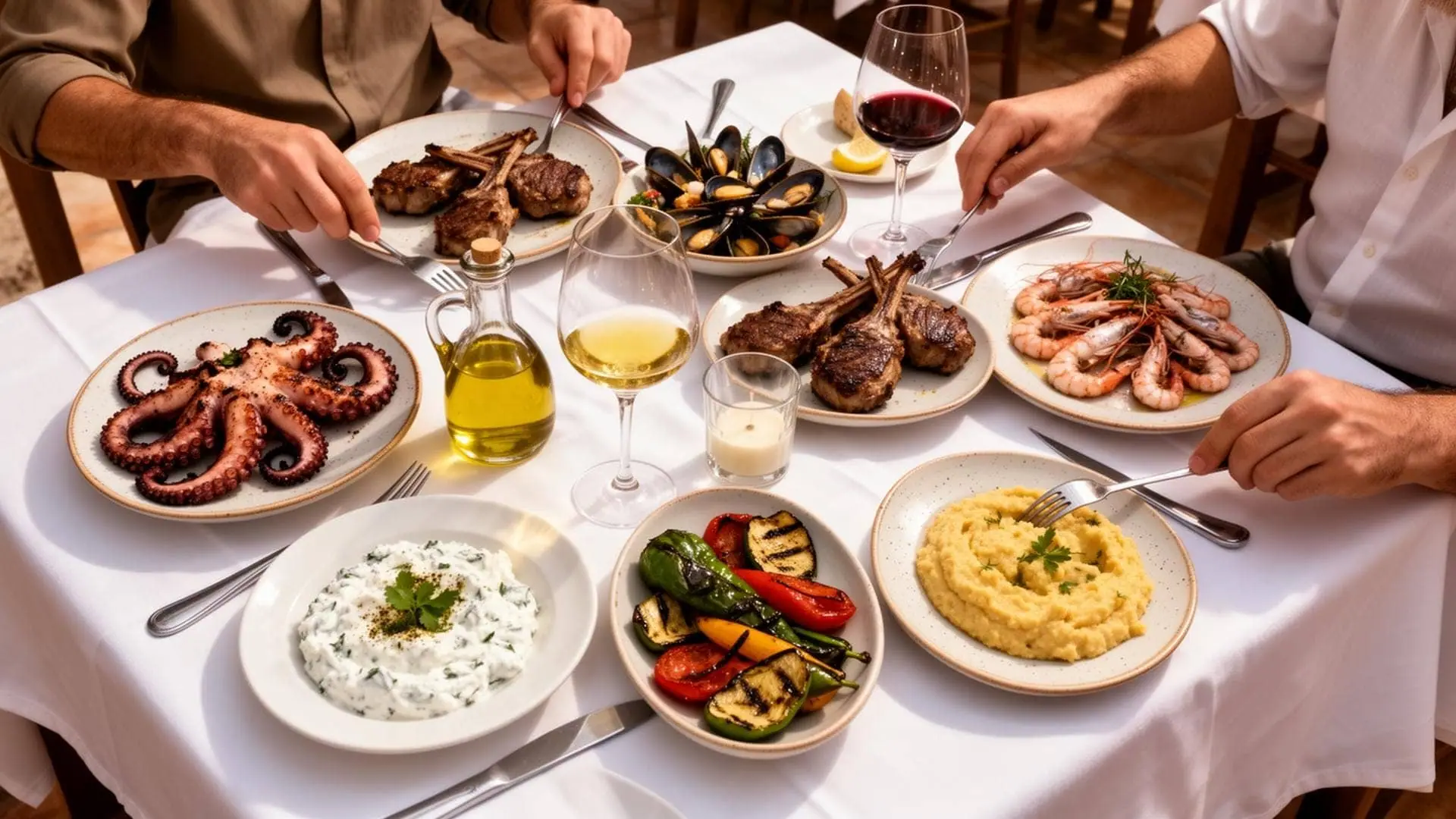 Greek meze sharing plates with seafood and olives, private Athens gastronomy tour