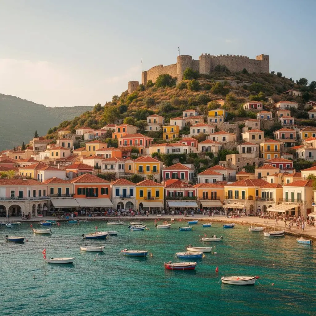 Stone harbour of Parga at golden hour, private Ionian coast journey