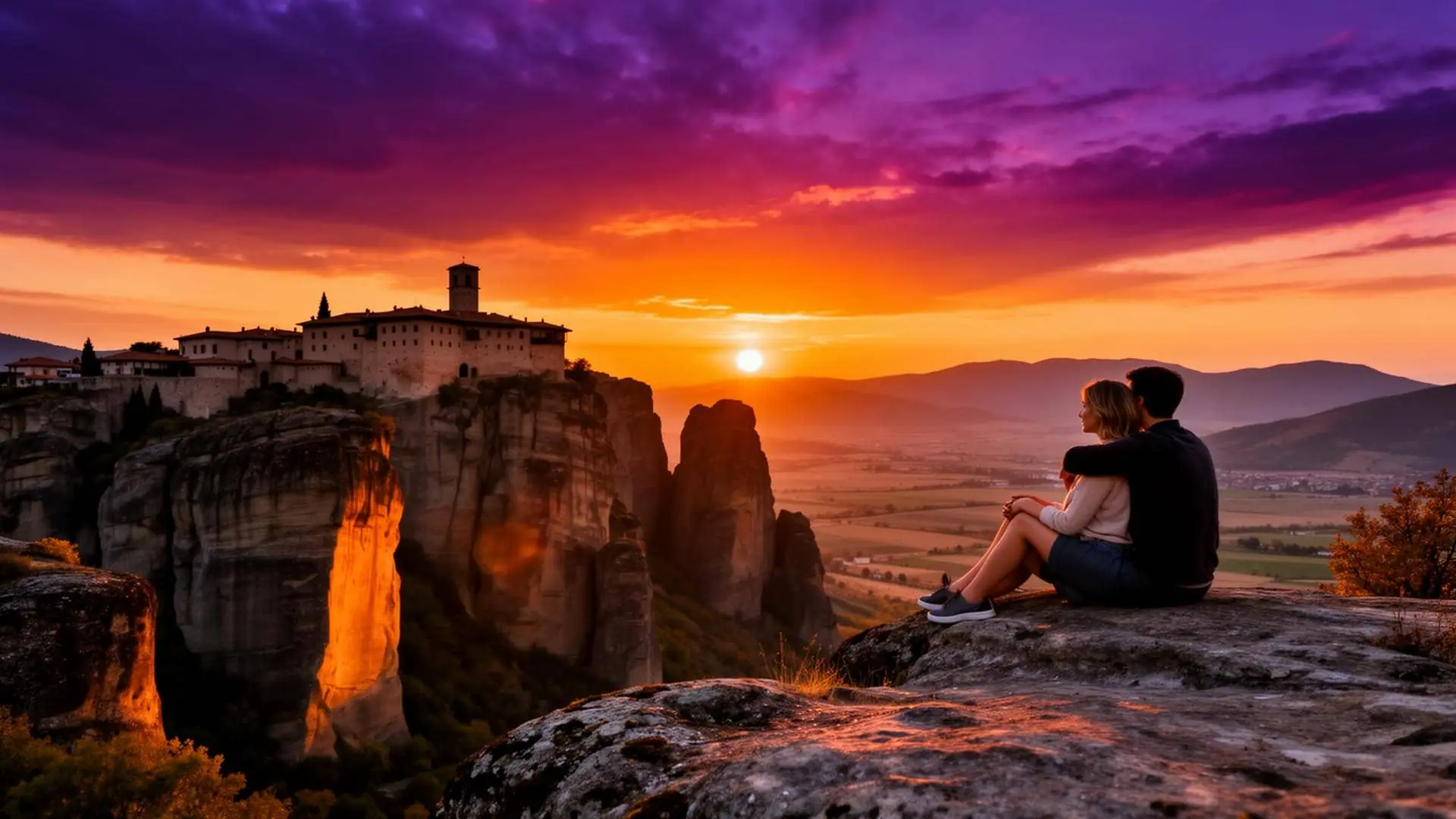 Sunset over the Meteora monasteries with rock formations in golden light