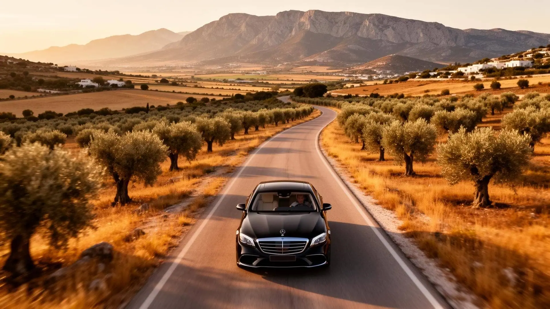 Premium sedan driving through the Greek countryside at golden hour