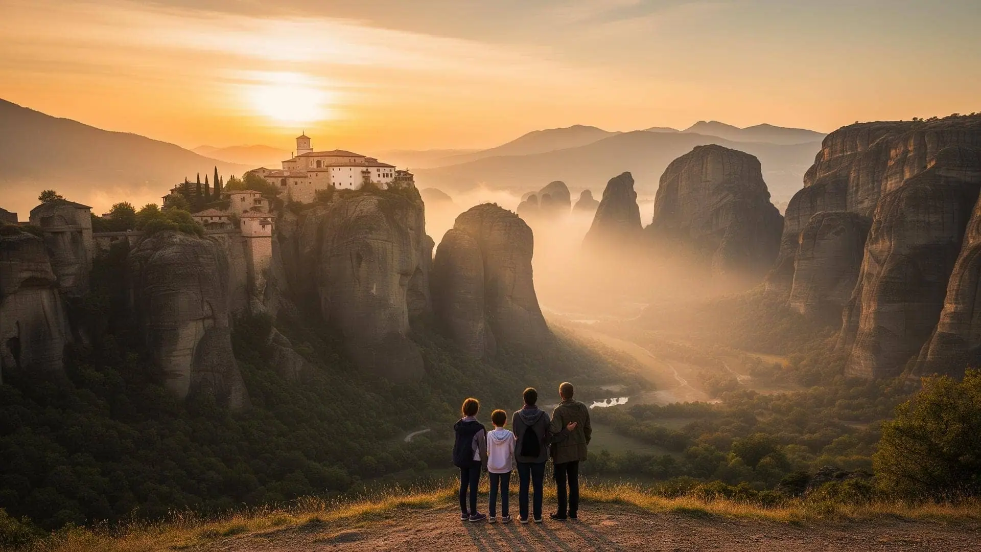 Meteora monasteries at sunset, day one of the Sacred Greece coastal escape
