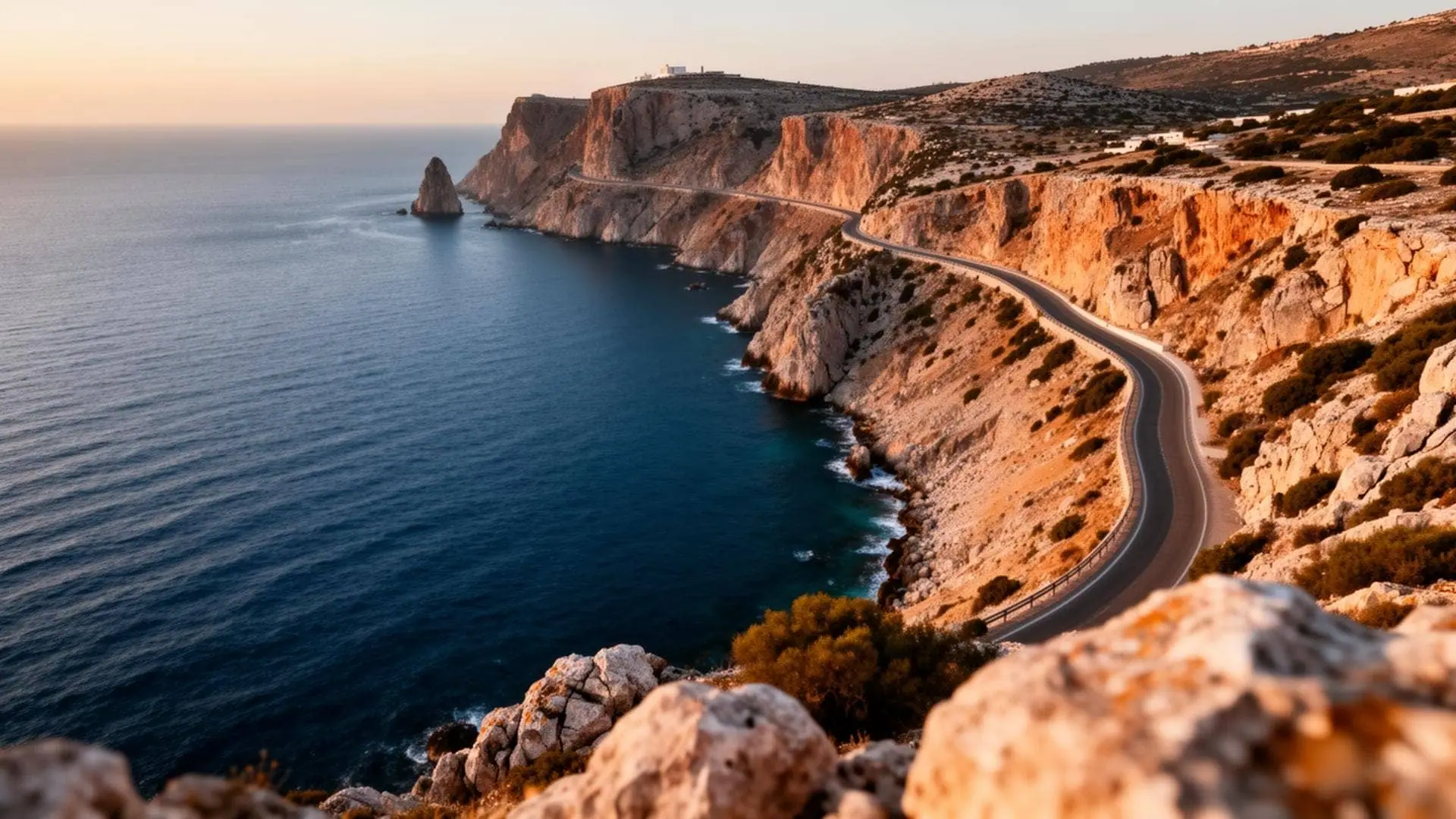 Aegean coastline cliffs near Cape Sounio at golden hour, private Athens sunset experience